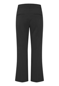 Black flared trousers with a smooth texture, featuring a mid-rise waist, belt loops, and two back pockets. Minimalist design, no visible patterns.