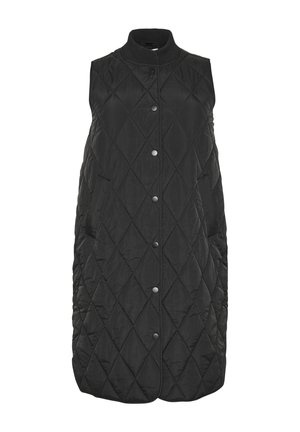 Juodas kvadratinis liemenė su deimanto raštu, spaustukais ir banguotu apykakle. Sukurta be rankovių, kad būtų galima sluoksniuoti.