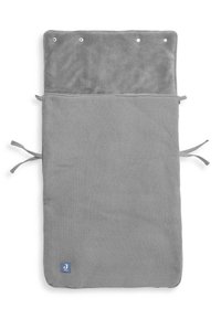 Gray changing mat featuring a soft, textured upper side with ties and snaps for secure closure; includes a small brand logo on the corner.