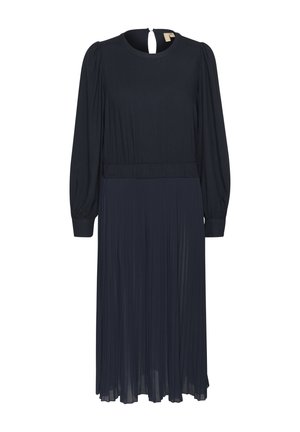 Marineblaue Kleid mit einem plissierten Rock, langen Puffärmeln, rundem Ausschnitt und einem Schlüsselhole-Detail auf der Rückseite. Hergestellt aus leichtem Stoff.