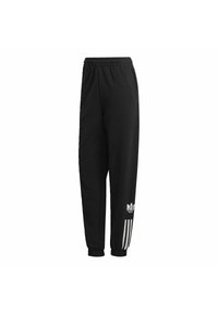 Svarta Adidas joggingsbyxor med elastisk midja och mudd i bensluten, med vita tre ränder och Trefoil-logotyp nära vänster fotled.