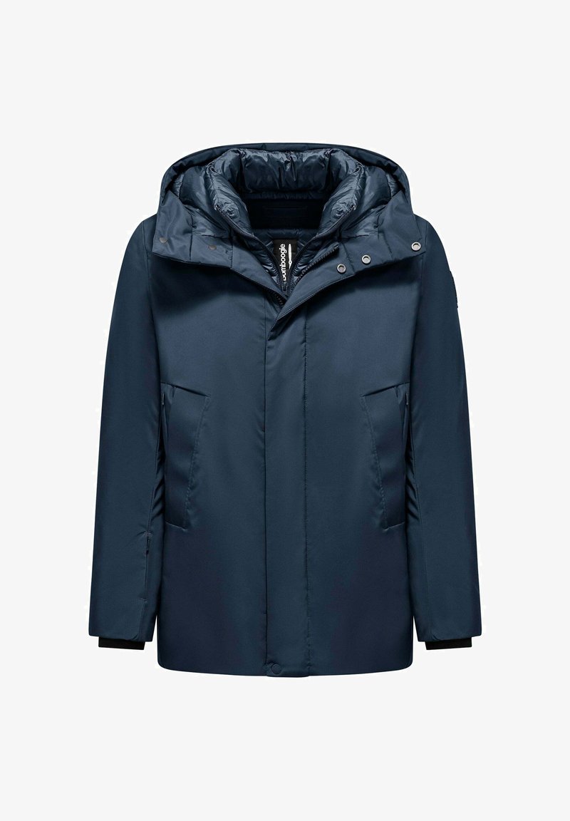 Cappotto imbottito blu navy con cappuccio, dotato di chiusura con zip frontale e bottoni a pressione, e due tasche laterali. Tessuto liscio e design isolato.