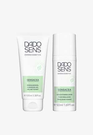 DADO SENS Sensacea Reinigungs-Gel (100ml) in einer weißen Tube mit grünen Akzenten und Gesichts-Emulsion (50ml) in einer weißen Flasche mit runder Kappe.
