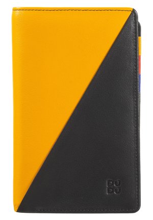 Leather wallet featuring a diagonal split design with yellow and black sections. Notable embossed logo in black on the bottom right corner.