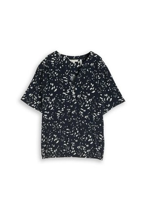 Black short-sleeve blouse with white abstract dot pattern, V-neck, and relaxed fit shown on a white background.