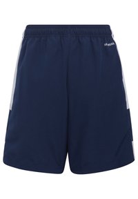 Navy blue athletic shorts featuring a stretch waistband, side panel accents, and a lightweight, breathable fabric.