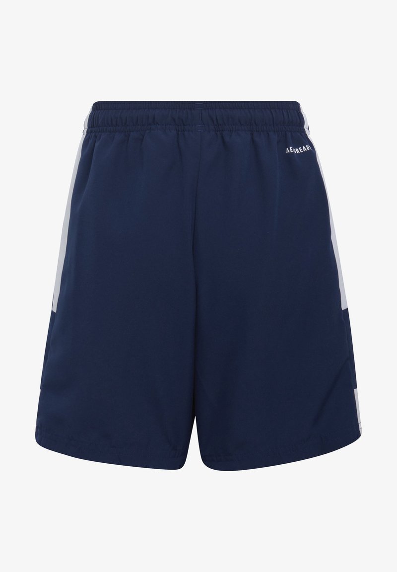 Marineblaue Sportshorts mit einem dehnbaren Bund, seitlichen Akzenten und einem leichten, atmungsaktiven Stoff.