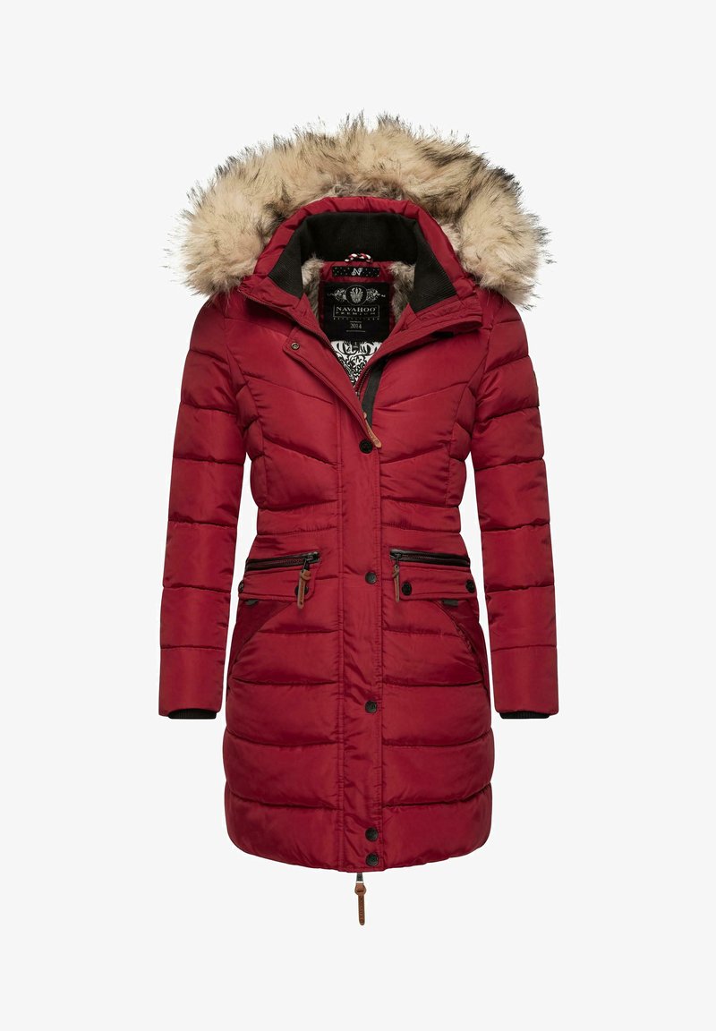 Red padded coat with a faux fur hood, featuring zippered pockets, snap closures, and ribbed cuffs. Smooth texture with horizontal stitching.