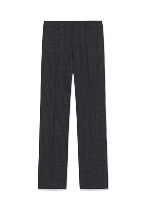 Donkergrijze, geruite tailor-made broek met riemlussen, rechte pijpen en een vouw aan de voorkant op een witte achtergrond.