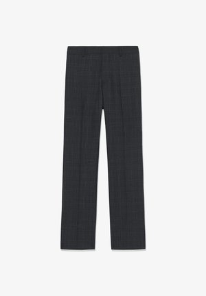 Tamno sivi karirani krojeni hlače sa pojasnim petljama, ravnim nogavicama i pregibom sprijeda na bijeloj pozadini.