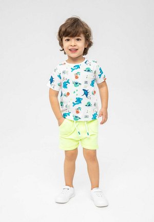Weißes T-Shirt mit bunten Dinosaurier- und Pflanzenmotiven; hellgelbe Shorts mit Kordelzug; weiße Turnschuhe; kurzes, welliges Haar.