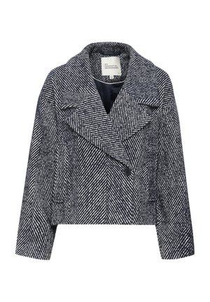 Giacca in lana a coste navy e bianca per donna, corta, con ampi revers e chiusura con un singolo bottone nero.