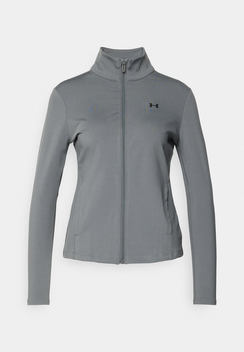 Γκρι αθλητικό μπουφάν με ψηλό γιακά, πλήρη φερμουάρ μπροστά και μακριά μανίκια. Διαθέτει διακριτική υφή και μικρό μαύρο λογότυπο στο στήθος.