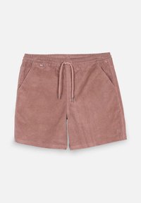 Shorts en velours côtelé mauve avec ceinture élastique, cordon de serrage réglable et poches avant inclinées sur fond clair.