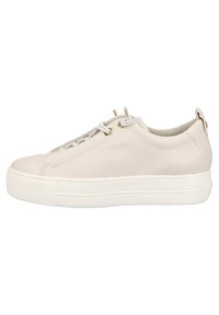 Beige leather sneaker with a rounded toe, white rubber sole, and gold accents. Features lace-up design and pull tab at the heel.