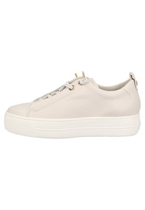 Beige leather sneaker with a rounded toe, white rubber sole, and gold accents. Features lace-up design and pull tab at the heel.