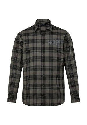 Grijze en zwarte geruite blouse met lange mouwen, knoopsluiting, kraag en 'Brooklyn' print op de linkerkant van de borst. Zachte katoenstof.
