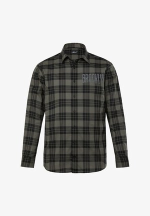 Grijze en zwarte geruite blouse met lange mouwen, knoopsluiting, kraag en 'Brooklyn' print op de linkerkant van de borst. Zachte katoenstof.