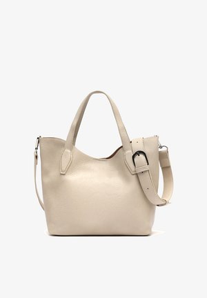 Borsa a mano in pelle beige con due manici, tracolla regolabile con fibbia nera e bordo superiore leggermente curvo.