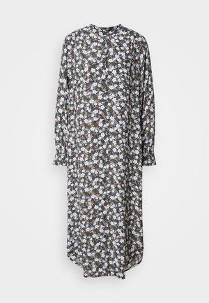 Floral dress featuring a long, loose fit with long sleeves, a round neckline, and a dark background with white and blue flower patterns.