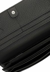Black textured wallet with a snap closure, multiple card slots, and a zippered compartment for coins or small items.