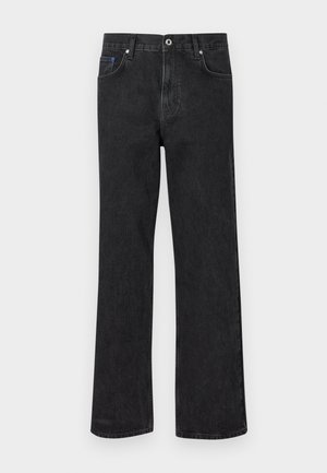 Black denim jeans with a straight leg design, featuring five pockets, a button closure, and light distressing. Classic stitching details.