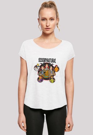 White short-sleeve T-shirt featuring a colorful "Scoobynatural" graphic with characters from Scooby-Doo and Supernatural in circular frames.