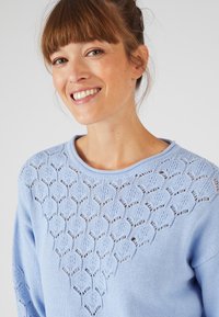 Maglione blu chiaro con un motivo a maglia testurizzato nella parte superiore e un colletto rotondo classico, dotato di maniche lunghe.