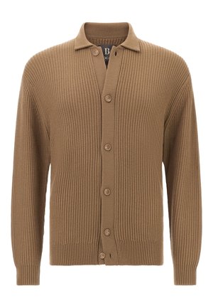 Brązowy kardigan z prążkowanej tkaniny z zapięciem na guziki, wykrojonym kołnierzem i długimi rękawami. Teksturowana dzianina z pięcioma pasującymi guzikami.