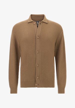 Rudas briaunotas megztinis su sagų uždarymu, iškirptės karoliukais ir ilgomis rankovėmis. Tekstūruotas mezginys su penkiomis atitinkamomis sagomis.