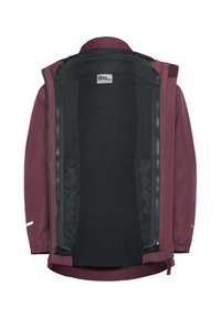 Maroon waterproof jacket with black fleece lining, front zipper, elastic cuffs, and branded label inside collar.
