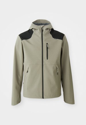 Lichtgrijze jas met capuchon, zwarte schouderaccenten, met rits afgesloten borst- en zijzakken, gestructureerd ontwerp en soepele textuur.