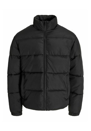 Black puffer jacket with high collar, front zipper, horizontal quilting, and elastic cuffs on long sleeves.