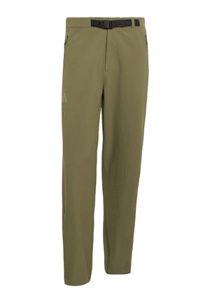 Pantalon droit vert olive avec ceinture noire ajustable intégrée et poches latérales, conçu pour un usage décontracté ou en plein air.