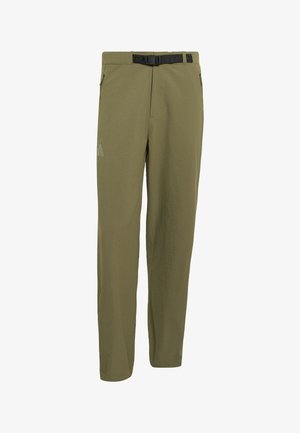Pantalon droit vert olive avec ceinture noire ajustable intégrée et poches latérales, conçu pour un usage décontracté ou en plein air.