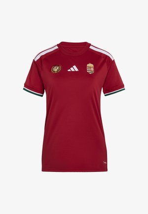 Donkerrood sportshirt met wit Adidas-logo, Hongaarse nationale embleem en herdenkingslogo voor het 125-jarig jubileum op de borst.