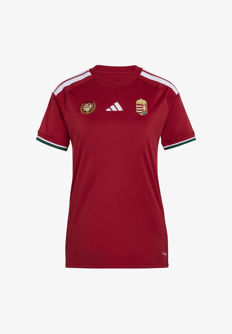 Maillot de sport rouge foncé avec logo Adidas blanc, écusson national de la Hongrie et emblème commémoratif du 125e anniversaire sur la poitrine.