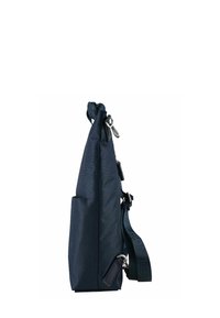 Bolso de hombro de tela azul marino, que presenta un diseño elegante, cierre de cremallera seguro, correa ajustable y un bolsillo lateral para un almacenamiento conveniente.