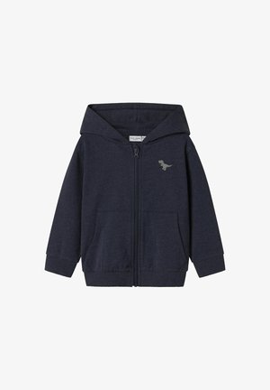 Navy Zip-Hoodie aus weicher Baumwolle mit einer Fronttasche und einem Dinosaurier-Graphic auf der linken Brust. Mit einer großzügigen Kapuze.