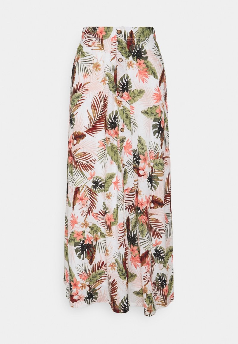 Longue jupe blanche avec des boutons marron sur le devant, ornée d'un motif de feuilles de palmier vertes et de fleurs tropicales roses.