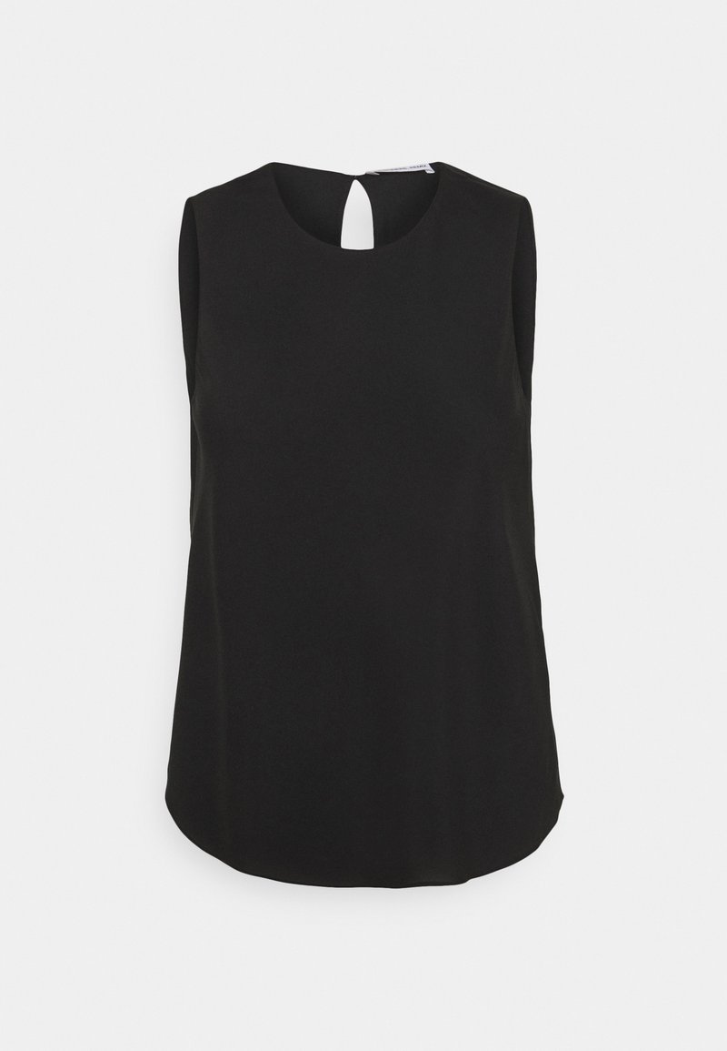 Blouse noire sans manches avec encolure ronde et ouverture en forme de goutte d'eau dans le dos, présentée sur un fond gris clair.