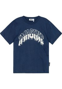 Marineblå bomulds T-shirt med korte ærmer, med hvid "IMAGINE" tekst i en stiliseret skrifttype. Rund halsudskæring, minimalistisk design.