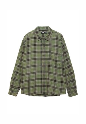 Grønternet flannelskjorte med klassisk krave, lange ærmer, knaplukning foran og en brystlomme på venstre side.
