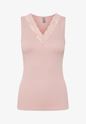 Light pink sleeveless top with a V-neck, featuring a lace trim at the neckline, ribbed texture, and a fitted design.