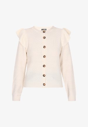 Gaiši krēmkrāsas adīta kardigāna ar volāna detaļu plecos, septiņiem pogu aizvērējiem un teksturētu dimanta rakstu visā audumā.