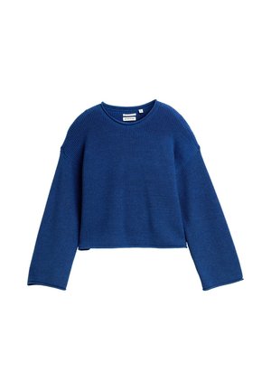 Blauer gerippter Pullover mit rundem Ausschnitt, überschnittenen Schultern und langen Ärmeln. Kürze mit strukturiertem Stofffinish.