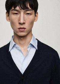 Marinblå cardigan över en ljusblå skjorta med krage. Cardiganen har en V-urringning och en enkel knappstängning, med en slät textur.