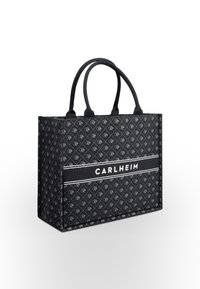 Black fabric tote bag with a diamond pattern, featuring a white "CARLHEIM" logo on a black stripe, and two black handles.