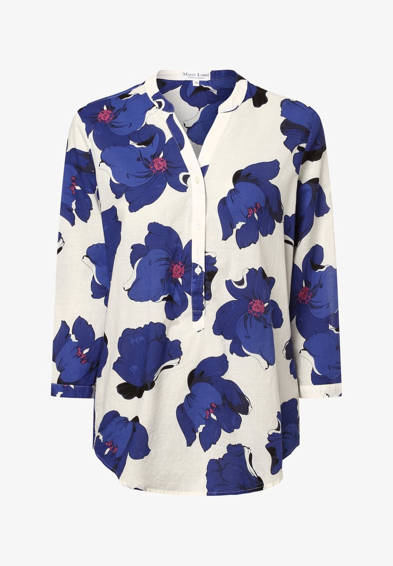 Blouse blanche à manches longues avec grands imprimés floraux bleus et noirs et col partiellement boutonné à l'avant, taille 36 de Marie Lund.