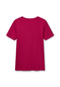 T-shirt a maniche corte, girocollo, di colore rosa brillante, mostrata di spalle su uno sfondo bianco.